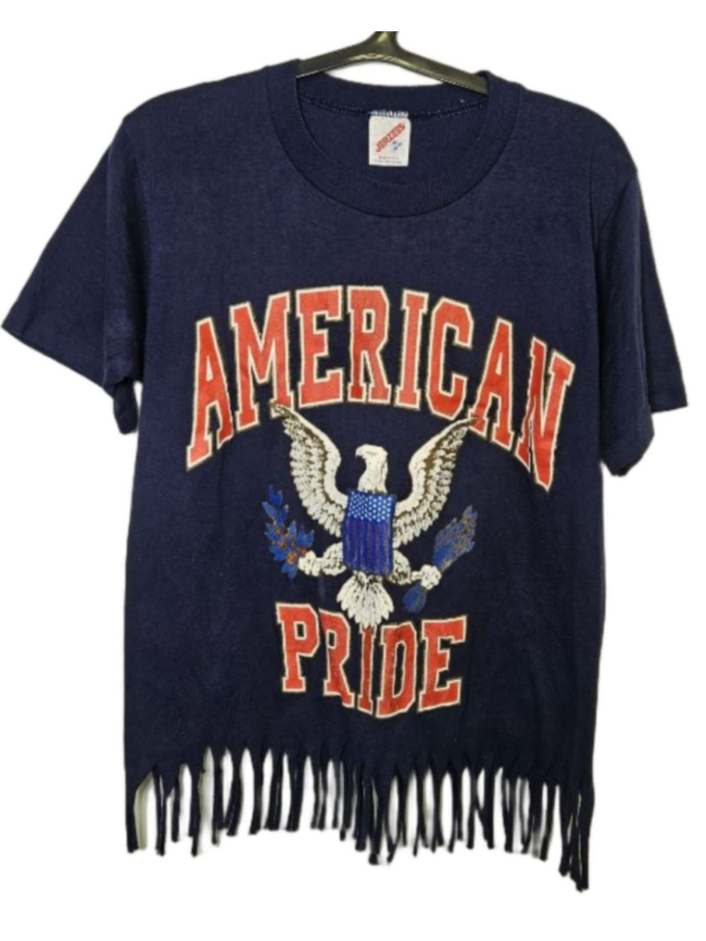 Women's vintage single stitch Jerzees American Pride Fringe Tee M Blue Red